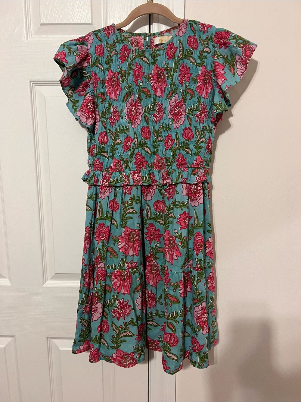 Girls' Pink Floral Smocked Casual Dress on Aqua
